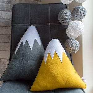 Two set Retro Mustard Grey Mountain pillow Mountain peak nature cushions Rocky adventure Bedroom decor Kids felt mountain throw pillows