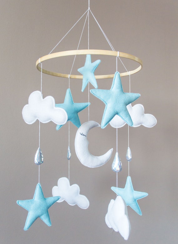 Stars and clouds Light baby blue Baby mobile Night sky pastel | Etsy