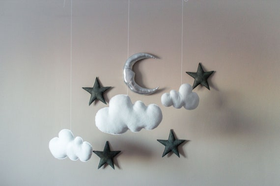 Large Set Ceiling Hanging White Soft Clouds Grey Stars Silver Moon Cot Decorations Baby Room Decor Sky Ceiling Decor Three Floating Clouds