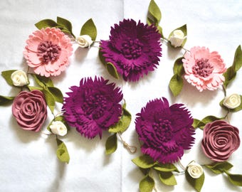 Pink and purple felt flower garland