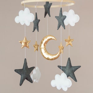 Baby mobiles Grey gold and White mobile starry night sky cot decoration clouds stars moon gold nursery baby shower gift decor kids bedroom