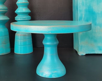 CAKE STAND wood turquoise golden, 10 inch 25,5 cm, cake platter, cup-cake-stand, dessert stand, muffin stand, CAMILLA massive beech