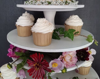 CAKESTAND TRAY 3-tiered, wood, Shabby White, with additional decoration-tier, muffin stand, cup cake stand, massive beech, type of column B