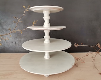 STAND À GÂTEAU ETAGERE 4 Niveaux Bois, Shabby Blanc, Mariage, Présentoir à Gâteaux, Présentoir à Muffins, Présentoir à Desserts, Bois de Hêtre Massif, Colonne Type A