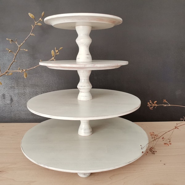 TORTENSTÄNDER ETAGERE 4-stöckig Holz, Shabby White, Hochzeit, Kuchenständer, Muffin Ständer, Dessert Ständer, Massivholz Buche, Säulentyp A