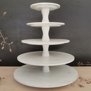 CAKESTAND TRAY 5-tiered, wood, Shabby White, wedding, muffin stand, dessert display, cup cake stand, massive wood beech, type of column B