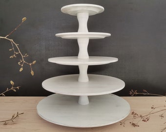 CAKESTAND TRAY 5-tiered, wood, Shabby White, wedding, muffin stand, dessert display, cup cake stand, massive wood beech, type of column B