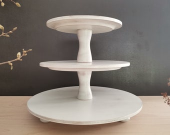 CAKESTAND TRAY 3-tiered, wood, white, wedding, dessert display, cup cake stand, Shabby White, massive wood beech, type of column B