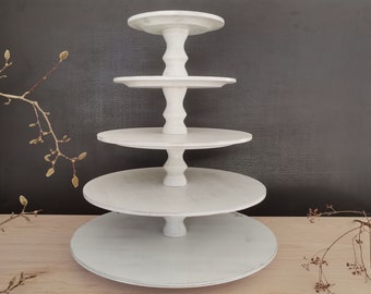 STAND À GÂTEAU ETAGERE 5 Niveaux, Bois, Shabby White, Mariage, Présentoir à Gâteaux, Présentoir à Muffins, Présentoir à Desserts, Bois de Hêtre Massif, Colonne Type A