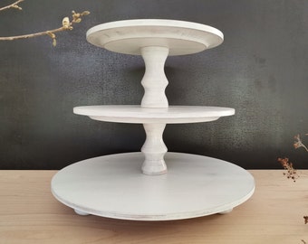 CAKESTAND TRAY 3-tiered, wood, white, wedding, dessert display, muffin / cup cake stand, Shabby White, massive wood beech, type of column A