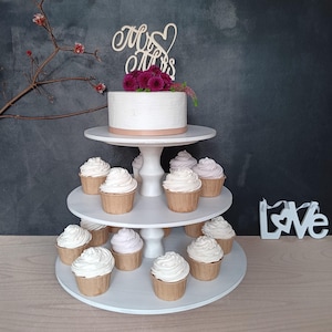 CAKESTAND TRAY 3-tiered, wood, white, wedding, dessert display, muffin / cup cake stand, Shabby White, massive wood beech, type of column A