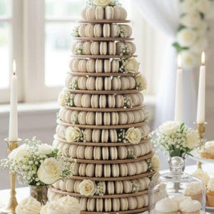 May include: A tall, tiered conical display stand holding numerous off-white macarons, decorated with small white roses and baby's breath flowers. The display is surrounded by white cupcakes and floral arrangements on a white tablecloth.