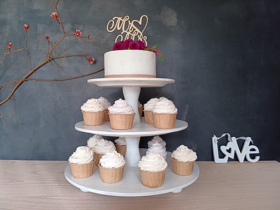 TORTENSTÄNDER ETAGERE 3-stöckig Holz, weiss, Hochzeit, Kuchenständer, Muffin / Dessert Ständer, Shabby White, Massivholz Buche, Säulentyp B