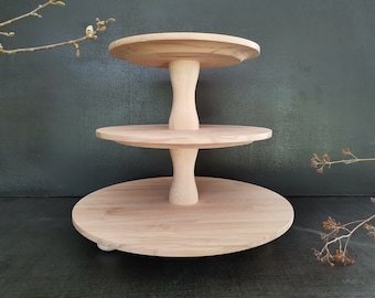 CAKESTAND TRAY 3-tiered, wood, Beech raw unfinished, wedding, muffin stand, dessert display, cup cake stand, type of column B