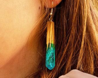 Resin earrings Long dangle earrings Botanical jewelry Wooden earrings Wood resin jewelry for women