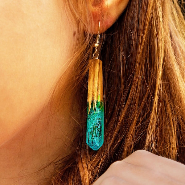 Resin earrings Long dangle earrings Botanical jewelry Wooden earrings Wood resin jewelry for women