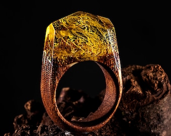 Yellow Wood Resin Ring for Women. Wood Gift for Wife. Landscape ring.