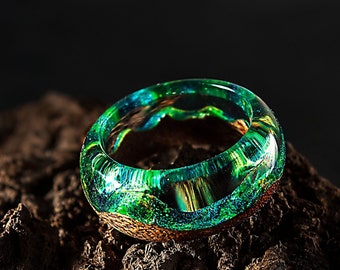 Wood Resin Ring Made of Epoxy Resin and Exotic Wood. Green Resin Jewelry with Magic. Makes a Great Gift. Present this unusual ring!