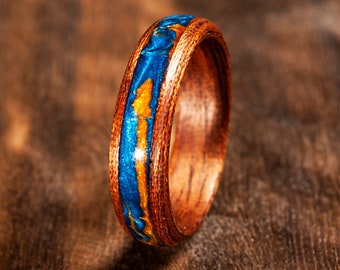 Blue and yellow ring band bentwood ring for women and for men Ukraine flag wood resin ring