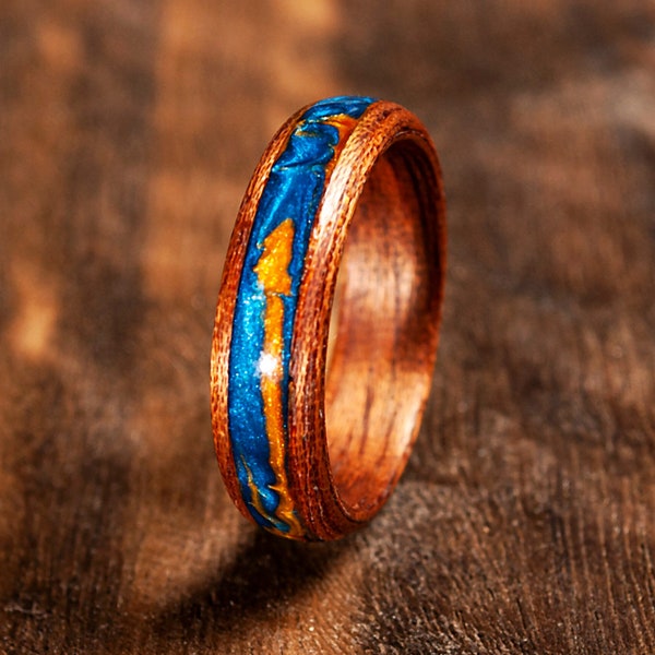 Blue and yellow ring band bentwood ring for women and for men Ukraine flag wood resin ring