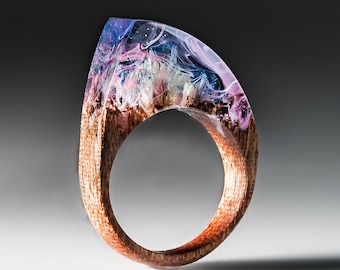 Pink Resin Wood Ring With Real Flowers - Wooden Ring with Transparent Resin Top. Anniversary present.