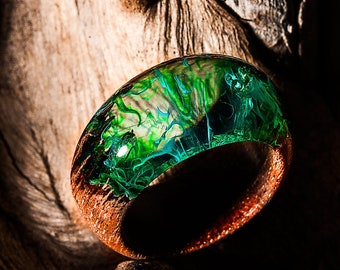 Nature Ring Wood Resin Green Geometric Ring Botanical Resin Ring