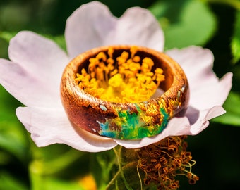 Resin Ring for Women - Floral Ring Band Wood Gift for Wife Nature Lover Gift