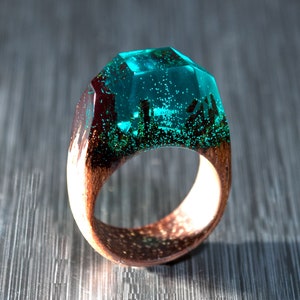 Green Ring Resin and Wood - Exotic Wood Ring with Multi Faceted Transparent Green Resin Top Makes Cool Wooden Gift for Wife