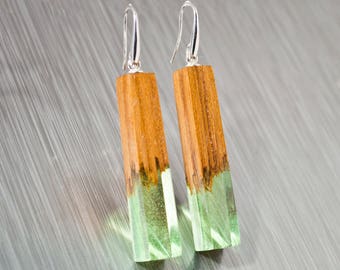 Green Resin Earrings Dangle - Bar Earrings Resin and Wood with Green Resin and Natural Wood Make Cool Geometric Earrings or Nature Earrings