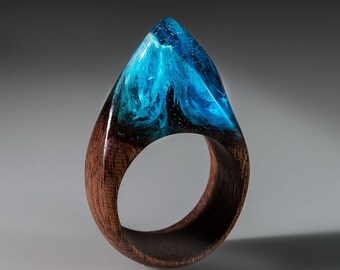 Wood Resin Ring - Exotic Wood Ring with Magic Resin Top. Blue Resin Ring for Woman With Secret World Inside.