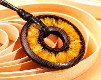 Handmade Wenge Wood and Epoxy Resin Pendant with Yellow Flower - Unique Boho Style Botanical Necklace - Artisan Floral Jewelry