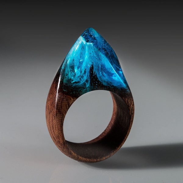 Wood Resin Ring - Exotic Wood Ring with Magic Resin Top. Blue Resin Ring for Woman With Secret World Inside.