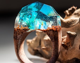 Resin Ring Flower - Nature Resin Wood Ring with Real Flowers Inside. Secret World Inside Wooden Ring with Fantastic Optical Illusion