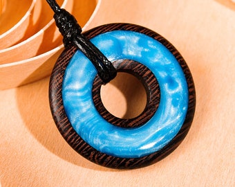 Handmade Wenge Wood and Blue Epoxy Resin Pendant - Unique Boho Style Necklace - Artisan Wooden Jewelry - Gift for Her