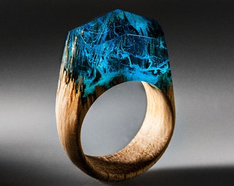 Blue Wood Resin Ring - Exotic Wood Ring with Transparent Resin Top Makes Stunning 5th Anniversary Wood Gift for Wife