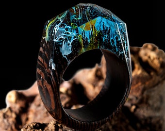 Wood Resin Ring - Nature Resin Wood Ring with Landscape Inside. Secret World Inside Wooden Ring with Fantastic Optical Illusion