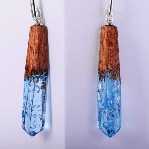 Wood shops Resin Earrings - Exotic Wooden Earrings with Transparent Resin Top. Geometric Earrings.