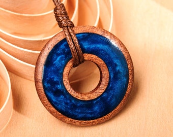 Unique Handmade Wood Pendant. Hypoallergenic Geometric Round Necklace with Stunning Blue Hues