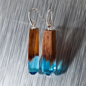 Wood Resin Earrings Glitter - Blue Resin Wood Earrings Resin in a Bar Earring Shape Make a Beautiful Nature Earrings Gift for Her
