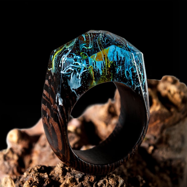 Wood Resin Ring - Nature Resin Wood Ring with Landscape Inside. Secret World Inside Wooden Ring with Fantastic Optical Illusion