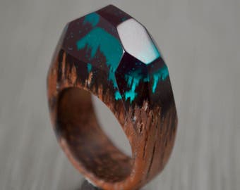 Beauty Gift Handmade Ring of Wood and Resin Green Ring with Forest inside Wooden Ring  Cocktail Ring Statement Ring Boho Ring Merbau Wood