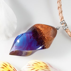 Resin art Jewelry Wood Resin Necklace Pendant for Women 5th Anniversary Gift for Mom Unique Present for Her. Wooden Pendant on Leather Cord.