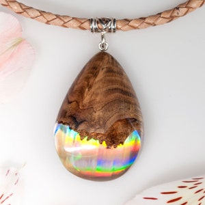 Wood Resin Necklace Girlfriend birthday gift for her -  Wooden Pendant for women on Leather Cord Wood resin jewelry Northern lights
