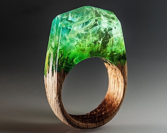 Wood ring with resin art Secret world inside the ring Green resin jewelry wooden ring Makes cool wooden gift for girlfriend