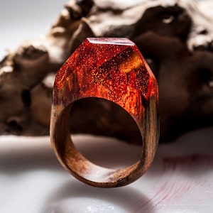 Wood Resin Ring Made of Epoxy Resin with Glitter and Teak Wood Resin Rings for Women and Girls Makes a Great Gift. Present this unusual ring image 3