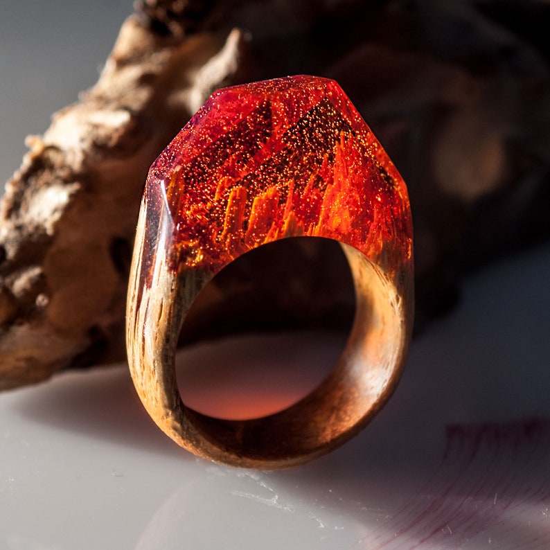 Wood Resin Ring Made of Epoxy Resin with Glitter and Teak Wood Resin Rings for Women and Girls Makes a Great Gift. Present this unusual ring image 5