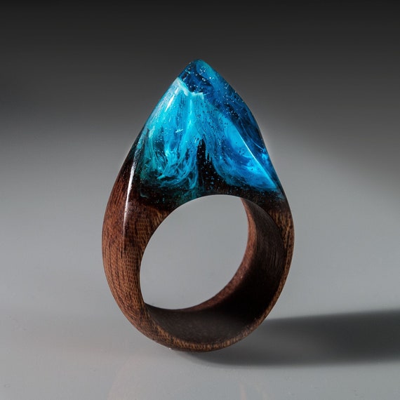 Wood Resin Ring Exotic Wood Ring With Magic Resin Top. Blue Resin