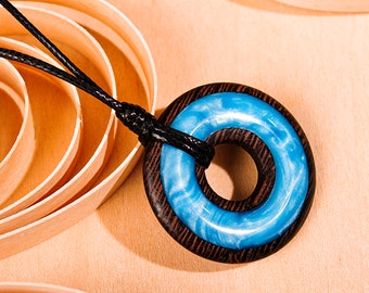 Handmade Wenge Wood & Blue Epoxy Pendant – Boho Necklace