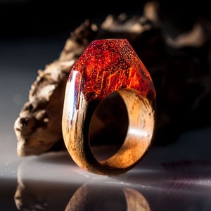 Wood Resin Ring Made of Epoxy Resin with Glitter and Teak Wood Resin Rings for Women and Girls Makes a Great Gift. Present this unusual ring image 6