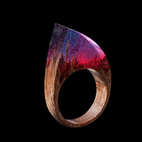 Red Resin Ring for Women - Nature Ring Resin Wood Ring with Resin Makes Stunning 5th Anniversary Wood Gift or Cool Ring for Her